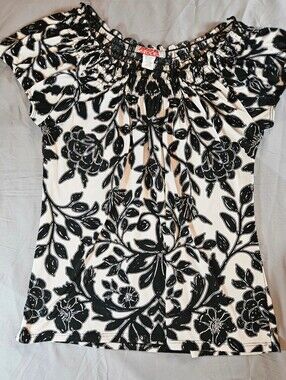 Carol Rose Womens White & Black Floral Short Sleeve Peasant Style Blouse Size L